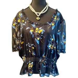 Ann Taylor Floral Black and Blue Women's Top, Size XL